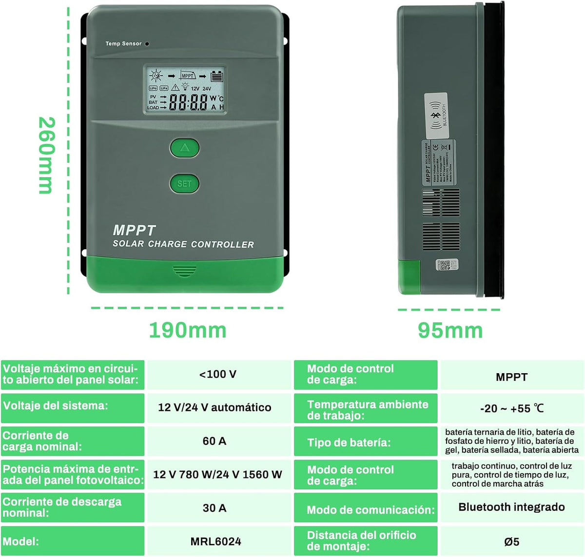 60A MPPT laadregelaar zonne-energie automatische detectie 12V/24V MPPT-laadregelaar LCD-digitaal display maximale nullastspanning van het zonnepaneel 100 V, dual USB, grijs-groen