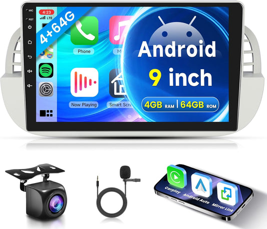 4G+64G Wireless CarPlay Android Car Radio 2 Din for FIAT 500 2007-2015 9 inch Touch Screen Car Radio Wireless with Android Car Navi GPS WiFi Mirror Link Bluetooth FM/RDS Radio 32 EQ/SWC - QUORE