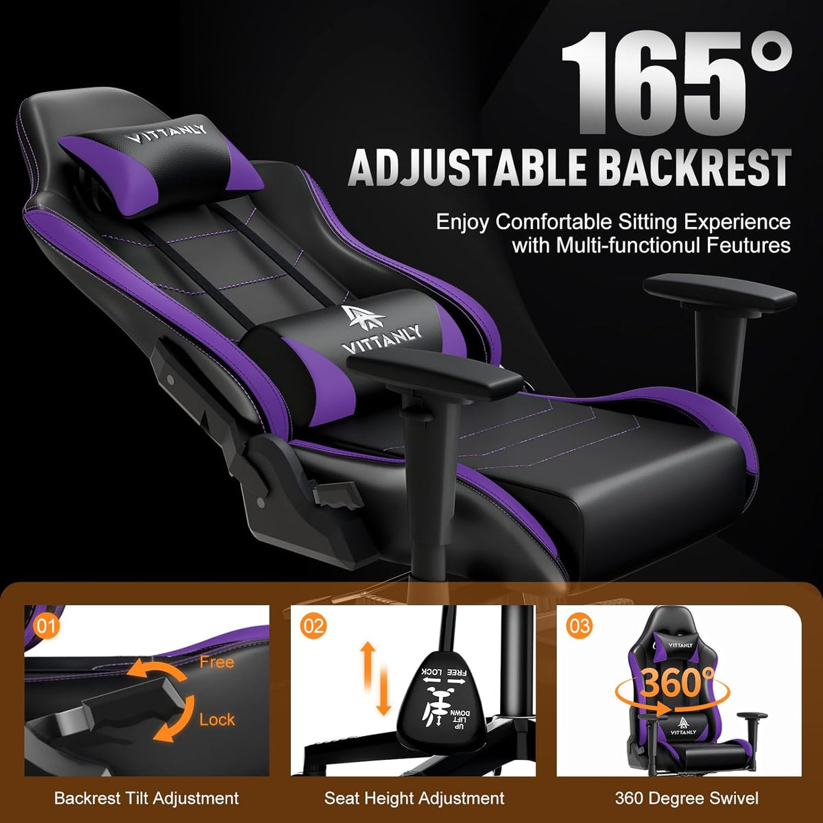 Ergonomische Gamingstoel – Gamerstoel – Bureaustoel – Gaming Stoel – Gamechair – In Hoogte Verstelbaar – 90-165° Kantelbare Rugleuning – Draaibaar 360° – Lila Variant – Met Hoofdsteun en Lendenkussen – Stevig Tot 150 kg