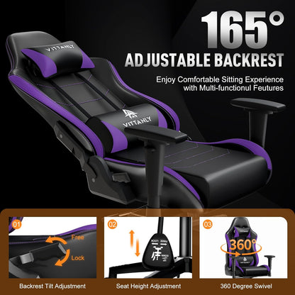 Ergonomische Gamingstoel – Gamerstoel – Bureaustoel – Gaming Stoel – Gamechair – In Hoogte Verstelbaar – 90-165° Kantelbare Rugleuning – Draaibaar 360° – Lila Variant – Met Hoofdsteun en Lendenkussen – Stevig Tot 150 kg