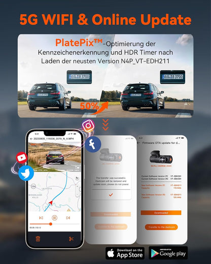 VANTRUE N4 Pro 5G WiFi Dashcam Auto 4K+ 1080P+ 1080P/ 3 HDR, STARVIS 2 Dash Cam Privacy Modes en Buffer Parkeervolgsysteem Auto Camera IR Starlight Nachtzicht, Voice Command, GPS, 2,45" Max 512GB
