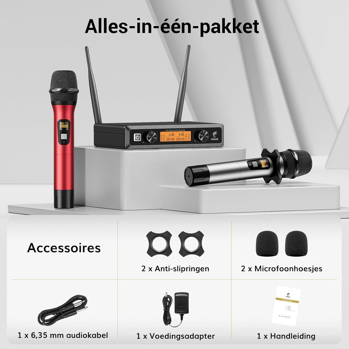 Draadloos Microfoonsysteem – Draadloze Microfoonset – Karaoke Microfoonset – Handmicrofoonset – UHF Microfoonsysteem – Set Van 2 Handmicrofoons Zilver En Rood – Tot 60 Meter Bereik – Metalen Behuizing
