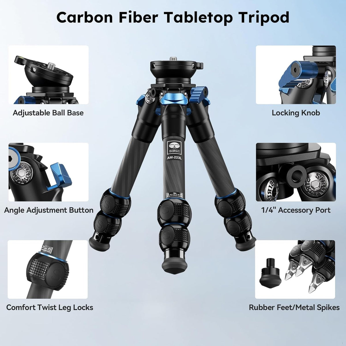 SIRUI AM-223L Koolstofvezel Mini Reisstatief met nivellerende basis, desktopstatief met nivellering voor spiegelloze camera's, belastingen tot 15 kg/33 lb, gevouwen hoogte 23 cm