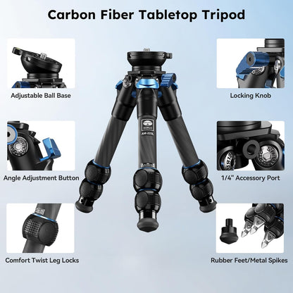 SIRUI AM-223L Koolstofvezel Mini Reisstatief met nivellerende basis, desktopstatief met nivellering voor spiegelloze camera's, belastingen tot 15 kg/33 lb, gevouwen hoogte 23 cm