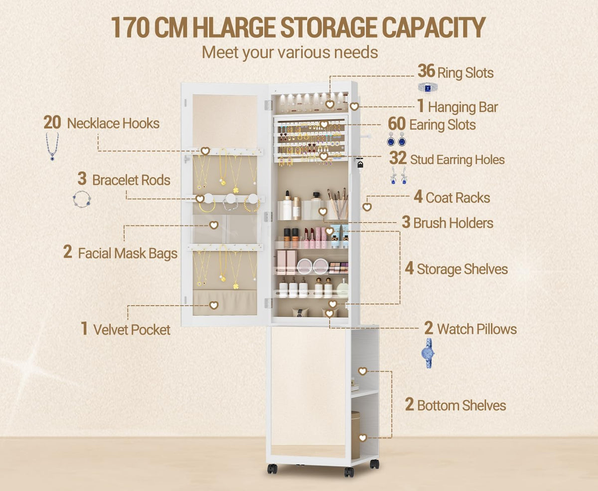 Hzuaneri Jewelry and Wardrobe with 8 LEDs, 165cm Jewelry Storage System with 1 Clothes Rack, Lockable Full Length Mirror with 4 Wheels, Storage Shelves with Hooks, White and Beige JC17003BE
