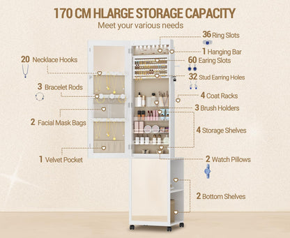 Hzuaneri Jewelry and Wardrobe with 8 LEDs, 165cm Jewelry Storage System with 1 Clothes Rack, Lockable Full Length Mirror with 4 Wheels, Storage Shelves with Hooks, White and Beige JC17003BE
