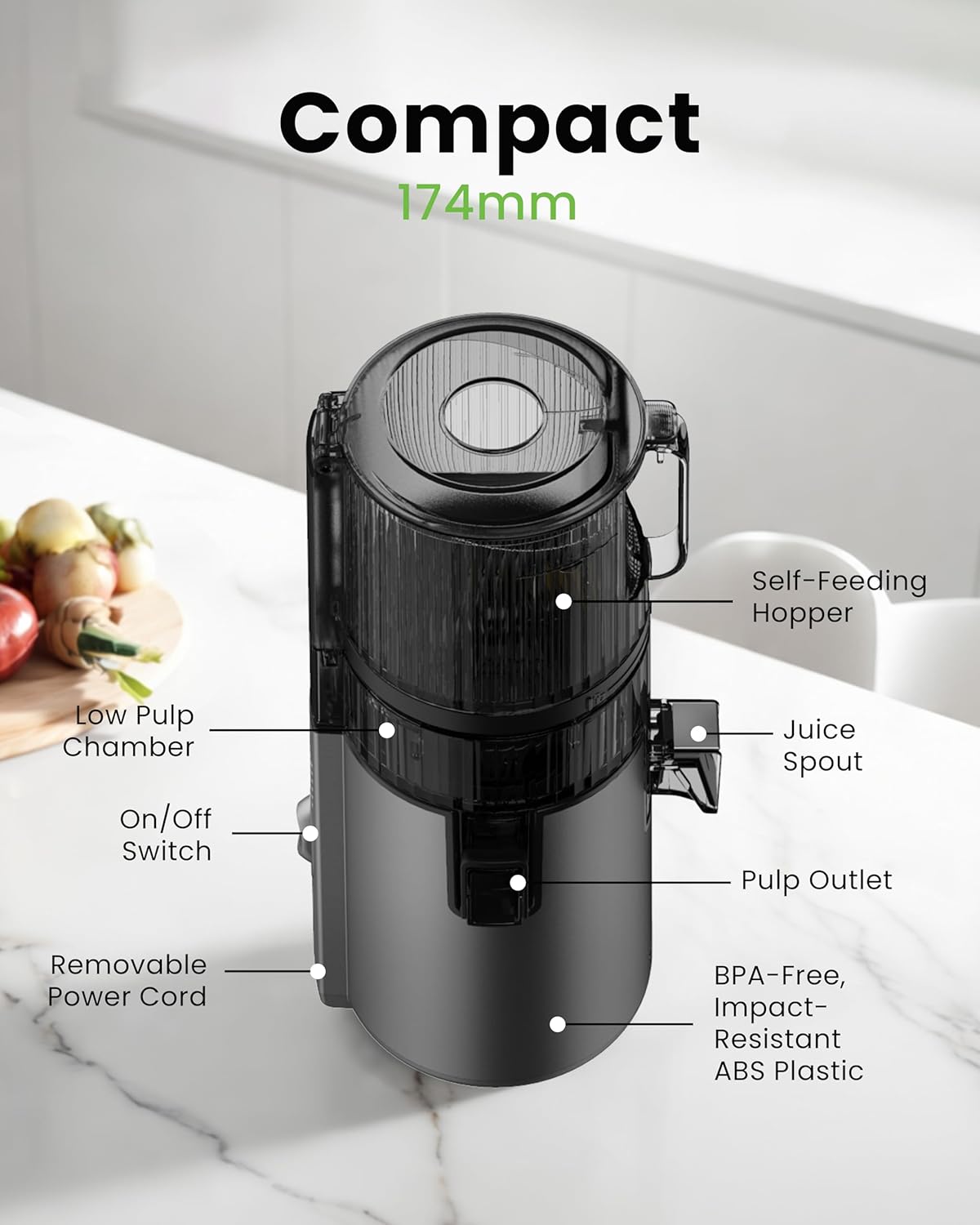Hurom H70FT Nieuwe Slowjuicer | Elektrische koudepers | Sapcentrifuge voor groenten & fruit | 1,8L capaciteit | Automatische sapfunctie | BPA-vrij | 15 jaar garantie | titanium grijs
