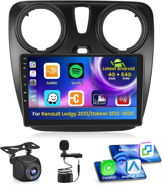 Android 15 autoradio voor Renault Lodgy 2021, Dokker 2012-2020 4+64G met draadloze CarPlay Android Auto, 9 inch scherm ondersteuning FM RDS 32EQ GPS Bluetooth WiFi SWC AHD achteruitrijcamera