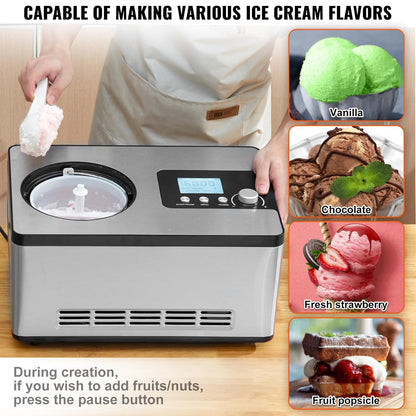 VEVOR Elektrische ijsmachine voor thuis, inhoud 2 l, ca. 180 W, elektrische ijsmachine met lcd-display, snelle bereiding zonder voorvriezen voor ijs, Sorbetti Frozen Yoghurt