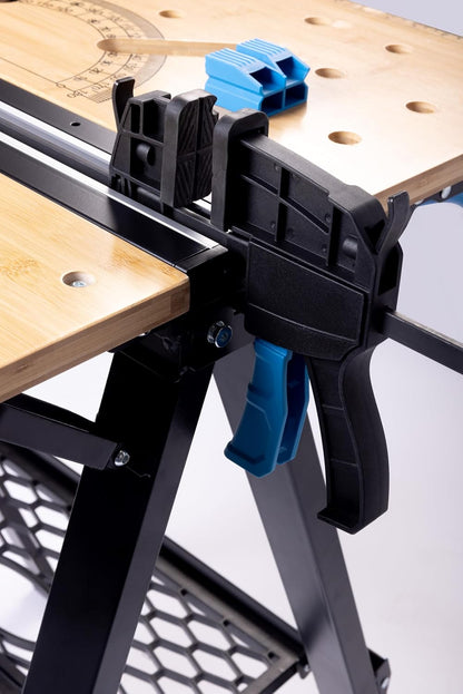 HÖGERT TECHNIK Opvouwbare werkplaatstafel 700 x 650 x 915 mm met bamboeplaat, 5-voudig in hoogte verstelbaar, 450 kg draagkracht, boringen, verbindingsstukken en spanklemmen