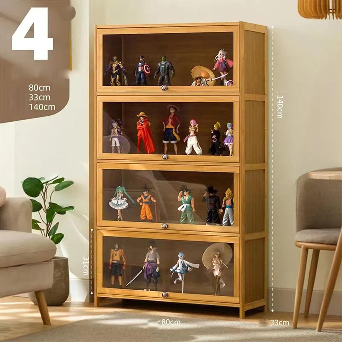 Vitrinekast voor verzamelaars, frame van natuurlijk bamboe, vitrine uit de acrylcollectie, stofdicht, geschikt voor thuis- en kantoorgebruik (houtkleur, 4-vloers-80 cm)