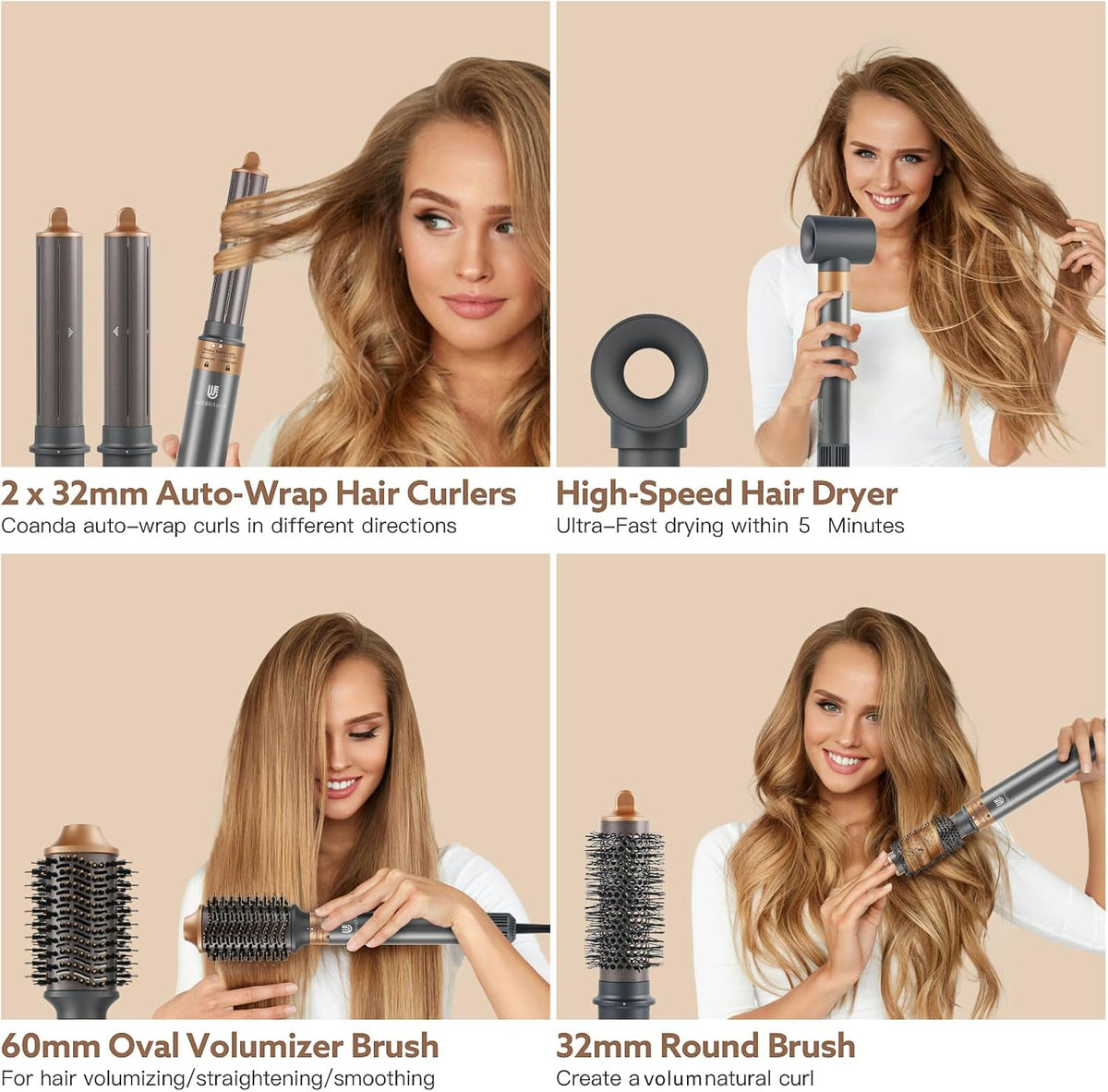 6-In-1 Haardroger – Föhn – Haarstyler – Föhnborstel – Multistyler – 110.000 Omw/Min – 500 Miljoen Ionen