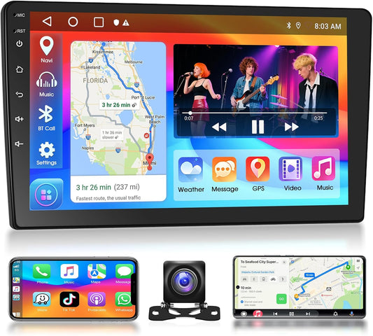 Draadloze Carpaly Autoradio Android 15.0, 2 Din 9'' HD Touchscreen Autoradio met Android Auto/GPS Navigatie/Bluetooth/Mirror Link/Achteruitrijcamera/Stuurwielbediening/FM/RDS + MIC