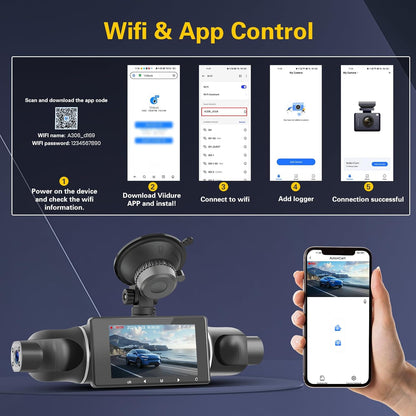 Dashcam – Autocamera – Rijcamera – Auto DVR – Autorecorder – 1080P 4-Kanaals 360° Groothoek – WiFi & App-Bediening Met 64 GB SD-Kaart