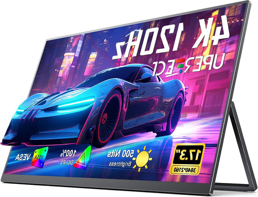 UPERFECT 17.3" 4K 120Hz QLED Portable Monitor 1500:1 500 Nits 100% DCI-P3 UHD 3840x2160 IPS Matte Screen with mini HDMI USB C Stand for PC Laptop and Game Consoles, Metal Housing, VESA compatible - QUORE