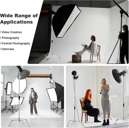 Soonpho Set van 2 C-statieven, heavy-duty staal, C-standaard van roestvrij staal, zilver, 330 cm, verstelbare lichtstandaard voor Studio softbox reflector, lichtstatief voor Godox AD200 Pro SK400II