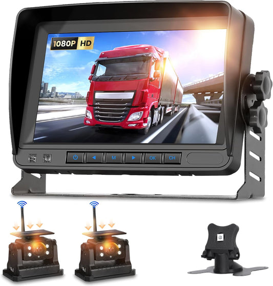 Hodozzy Draadloze achteruitrijcamera met zonne-energie, 2 camera's, magnetische radio, 1080p nachtzicht, 7 inch waterdicht monitor, loopopname, auto cameraset voor camper