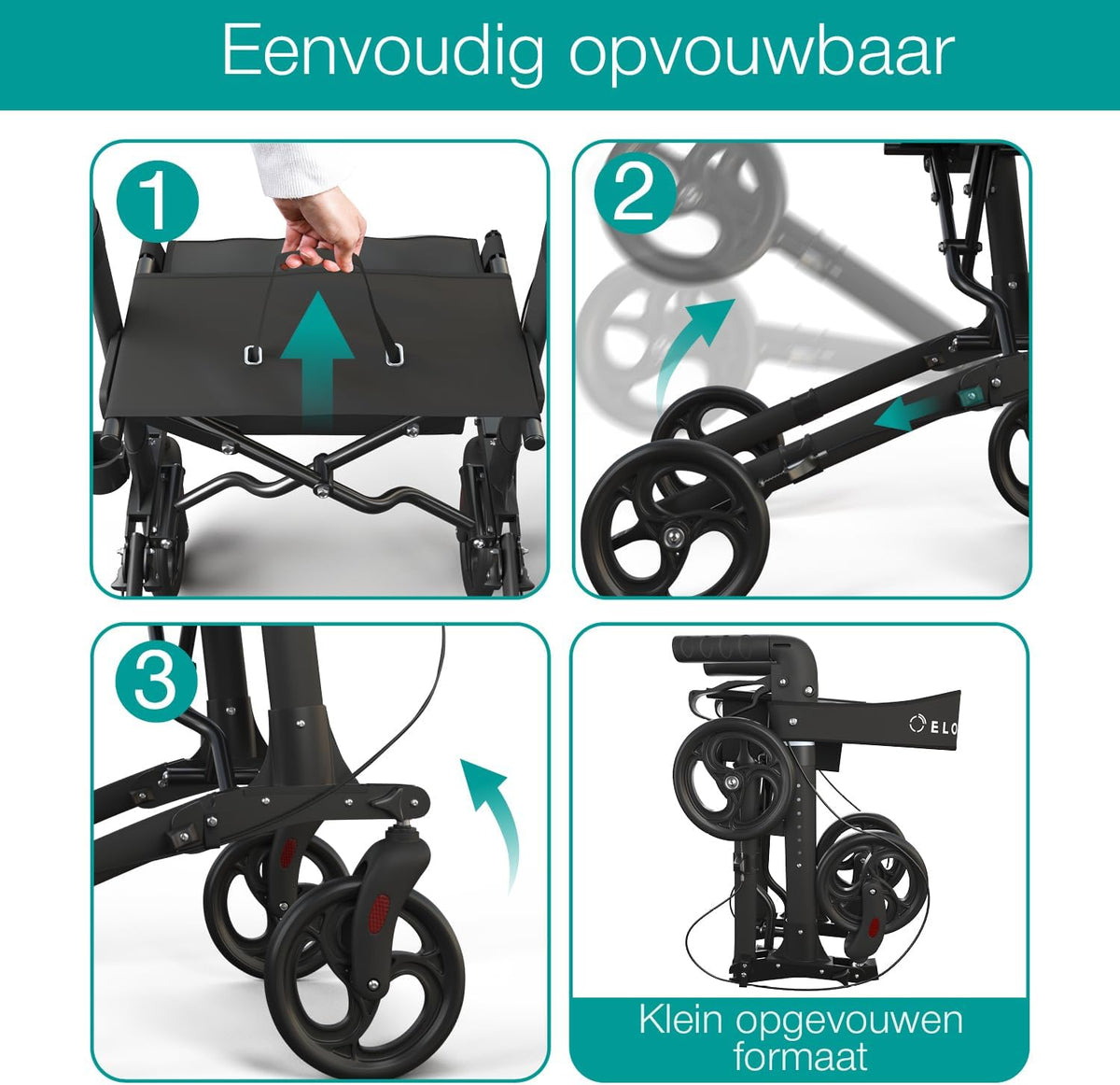 ELONEO Lichtgewicht Rollator met Zitje - Opvouwbare Aluminium Rollator voor Senioren, 8 Verstelbare Hoogtes, 3-voudig Opvouwbaar Loophulpmiddel met Tas & Parapluhouder, Past in Auto (Zwart)
