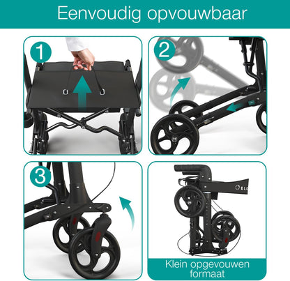 ELONEO Lichtgewicht Rollator met Zitje - Opvouwbare Aluminium Rollator voor Senioren, 8 Verstelbare Hoogtes, 3-voudig Opvouwbaar Loophulpmiddel met Tas & Parapluhouder, Past in Auto (Zwart)