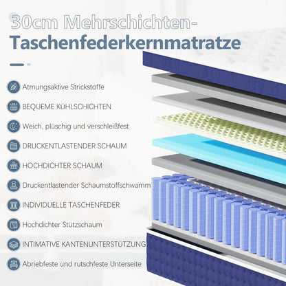 Matras 160 x 200 cm, 30 cm pocketveringmatras H3 hoogte 7-zones orthopedische matras met comfort memory-schuim laag, Öko-Tex gecertificeerd, 101 nachten proefslapen