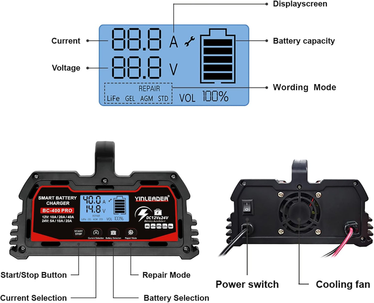 Autoacculader 40 A/20 A, 12 V/24 V, 20 A/10 A, autoacculader met lcd-display, oplader voor 12 V LifePO4 accu