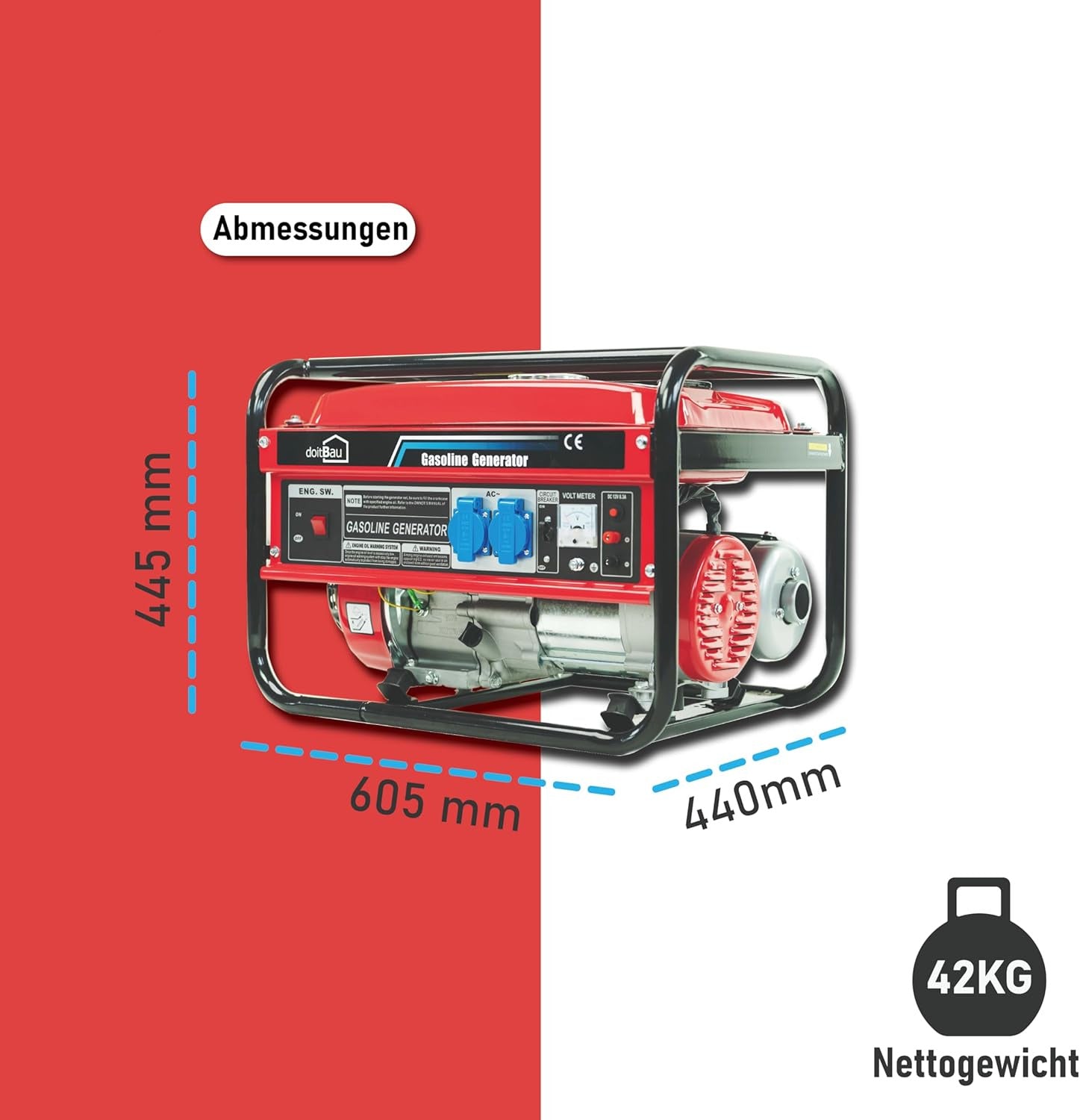 Petrol generator, power generator 3000 W BS3500 & YFG3500, emergency generator with AVR and overload protection, 4-stroke 6.5-7 hp, traction starter, 1 x 400 V/3 x 230 V/1 x 12 V sockets - QUORE