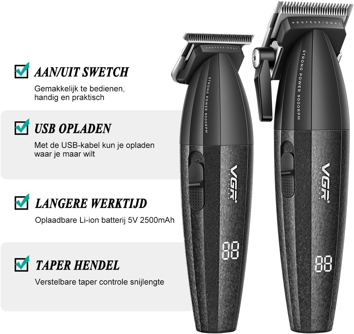 VGR 640 Professionele tondeuse voor heren, draadloze tondeuse- en trimmerset, Zero Gap T-blade, DLC keramisch lemmet, hoogwaardige kapperset met led-display (zwart)