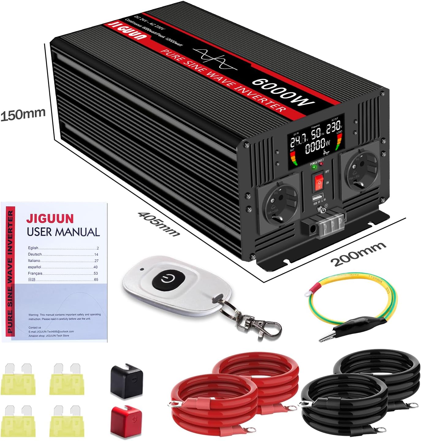 JIGUUN 6000W/12000W omvormer 24V naar 230V zuivere sinus power inverter met draadloze afstandsbediening LCD-scherm 2 Eu-stopcontact & 1 USB-poort voor auto, camping, reizen,noodgeval