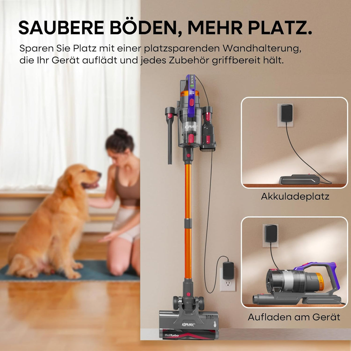 KIPMAX Accustofzuiger, 50000 Pa/550 W/70 min, 1,5 l, draadloze stofzuiger met display, anti-klitborstel, 7-laags filtra en 2 geurplaten, zelfstaande accustofzuiger voor tapijten, dierenharen, harde