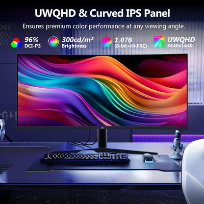 Z-Edge 34'' Curved Gaming Monitor, 3440x1440, 165Hz (DP1.4×2), IPS, 96% DCI-P3, 1ms, 21:9, Height Adjustable/Tilt, Rotary, 100Hz (HDMI2.0×2), FreeSync, VESA (DP cable included)