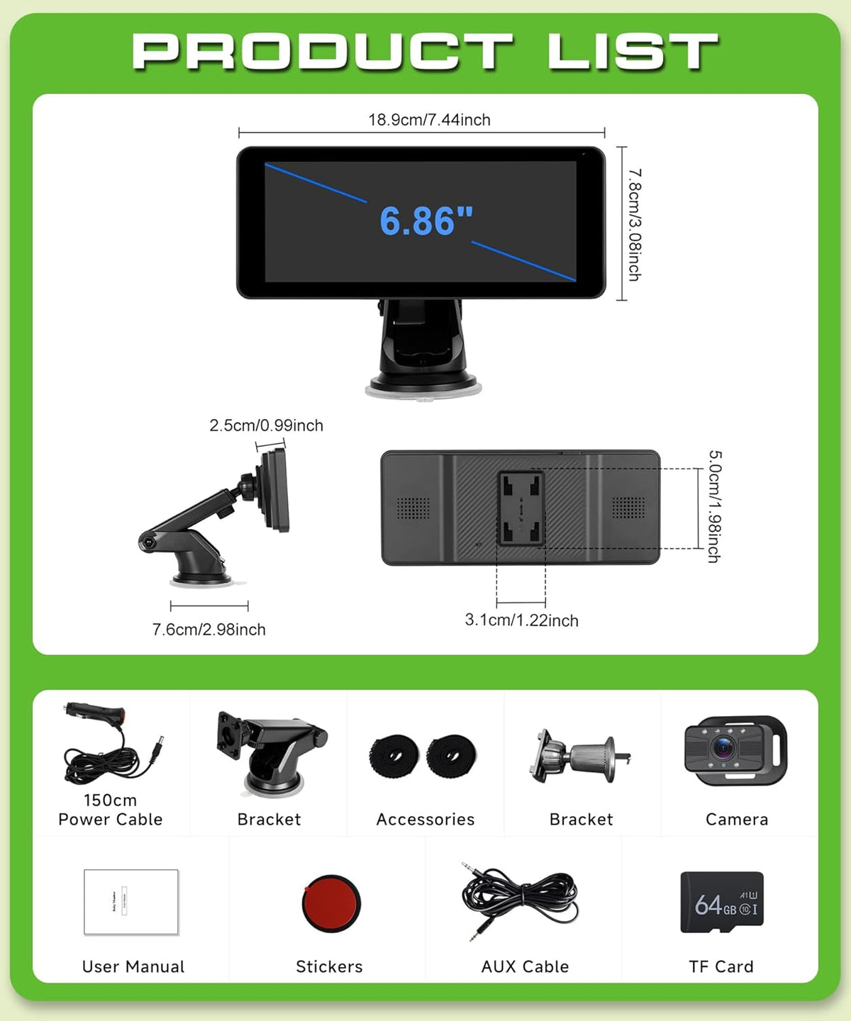 Dual Baby Car Camera for 2 Children with 6.86 Inch Split Screen HD 720P with Carplay Android Car, 360° Rotatable Night Vision, Safety Car Seat Mirror Camera, Suction Cup Holder, 64G SD - QUORE