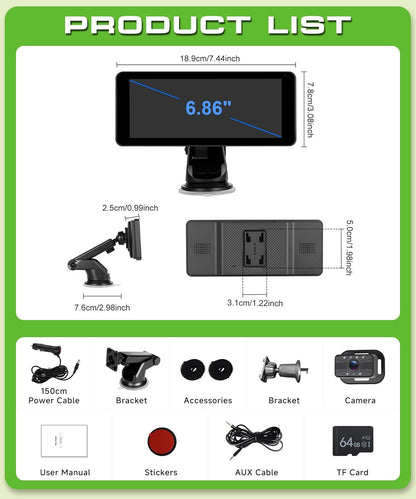 Dual Baby Car Camera for 2 Children with 6.86 Inch Split Screen HD 720P with Carplay Android Car, 360° Rotatable Night Vision, Safety Car Seat Mirror Camera, Suction Cup Holder, 64G SD - QUORE