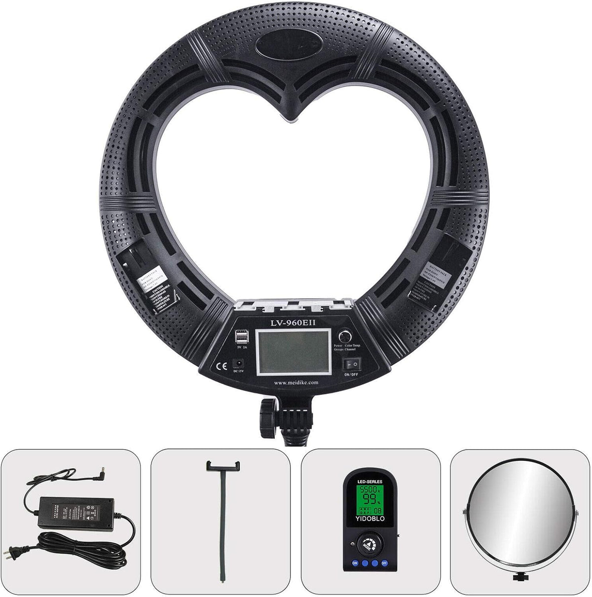LV-960EII 96W LCD-scherm dimbaar 3200K-5500K hartvormig LED-ringlicht met afstandsbediening & 3 hot shoe voor YouTube-camera Smartphone Portret Selfie Video Studio