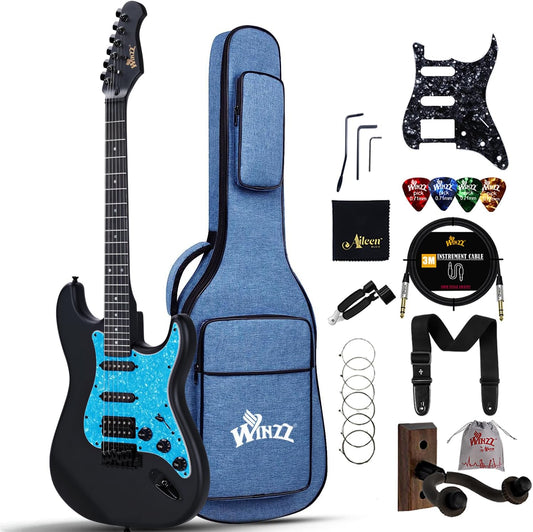 Winzz Elektrische gitaar voor volwassenen, 4/4 maat, ST HSS pick-up voor beginners, starterpakket met 12 accessoires, ideale elektrische gitaarset voor kinderen vanaf 12 jaar (39 inch mat zwart, blauw