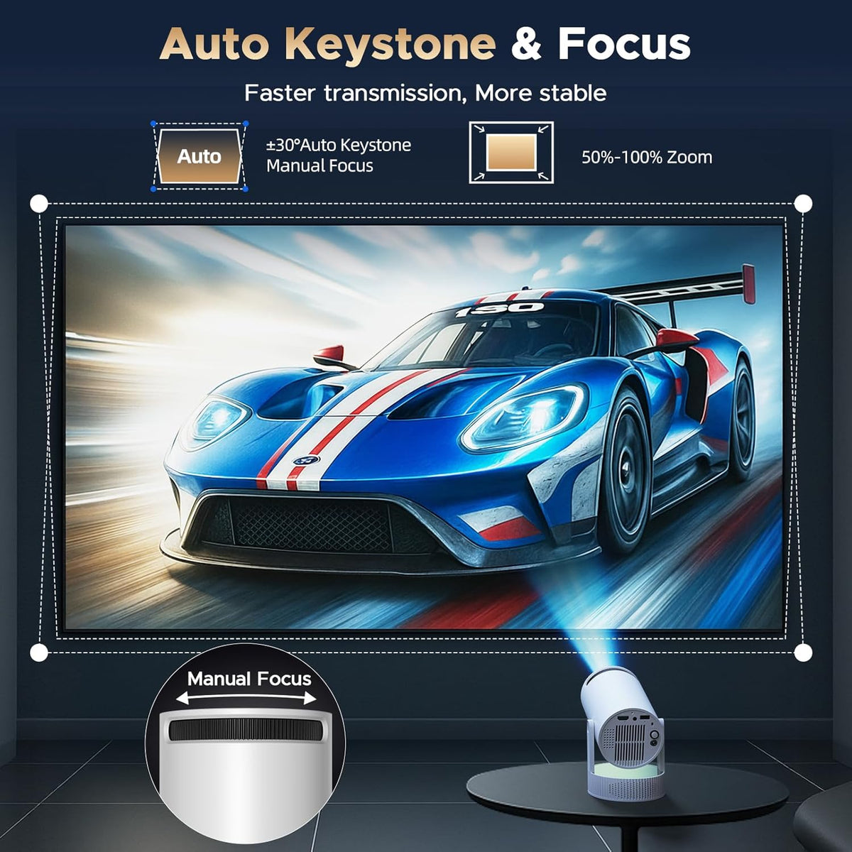 Beamer met accu, mini-projector ondersteuning 4K resolutie, 220° rotatie, geïntegreerde luidspreker en bluetooth-projector, Auto Keystone WiFi6 beamer projector voor thuisbioscoop slaapkamer