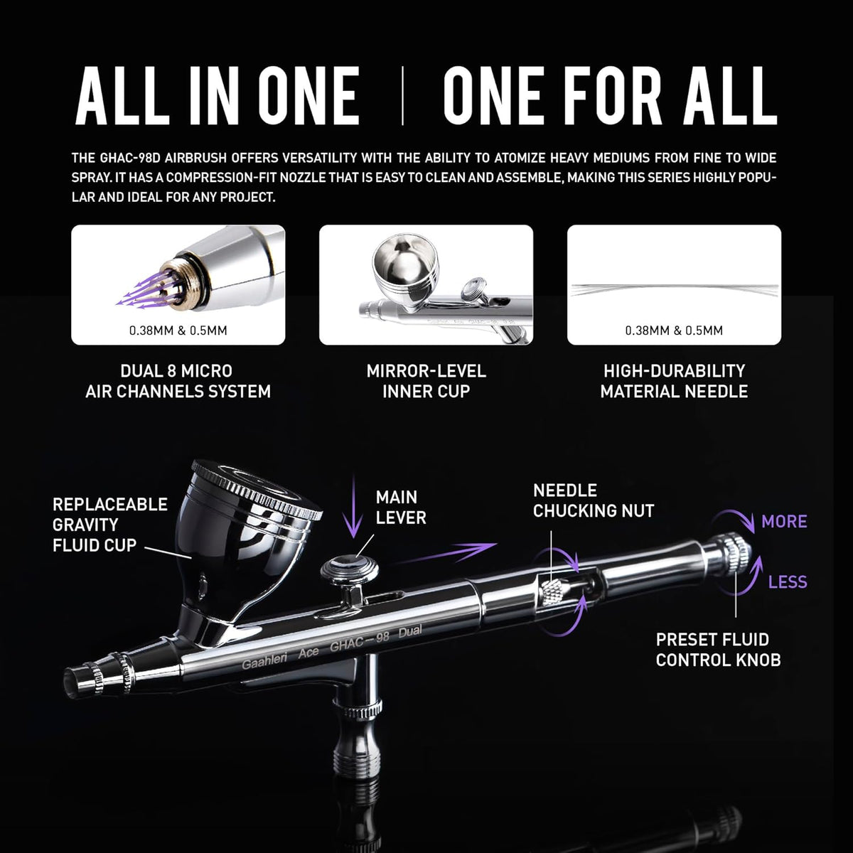 Gaahleri Airbrush Kit, Airbrush Gun met Dual-Action, Gravity Fluid Cup 1/4 Oz, Air Brush Kit, Naaldsets 0,38 & 0,5 mm cutaway handvat, universeel voor make-up model kleuren schilderen nail art taart