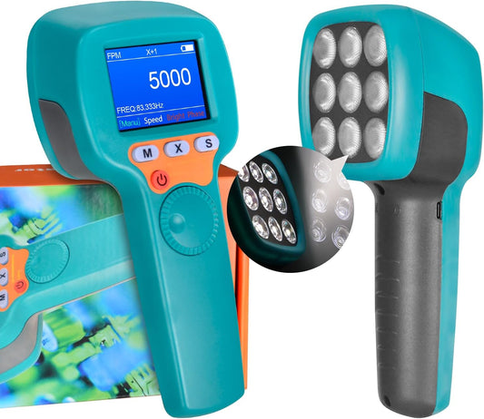 Digitale Handstroboscoop 60-99999 FPM, Contactloze LED-stroboscoop YF-DT100B, 1500 lux Stroboscoop-toerenteller met Full-color LCD-scherm, Stroboscopische Snelheidsmeter met 2200 mAh Batterij