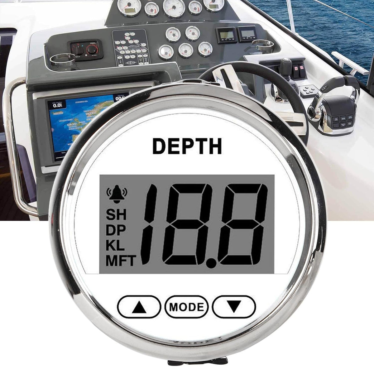9‑32V Bootdieptemeter, Waterdichte Dash-dieptezoeker-transducer met Witte Achtergrondverlichting voor Jachtboten Boot/jacht onderdelen en accessoires