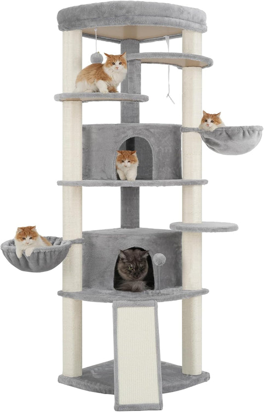 Corner Cat Tree for Indoor Cats, Cat Tower with All Sisal Scratching Posts, Multi-level Cat Condo wth 2 Large Cat Caves, Big Top Perch, 2 Hanging Baskets, Sisal Ramp, Light Gray GCT035W