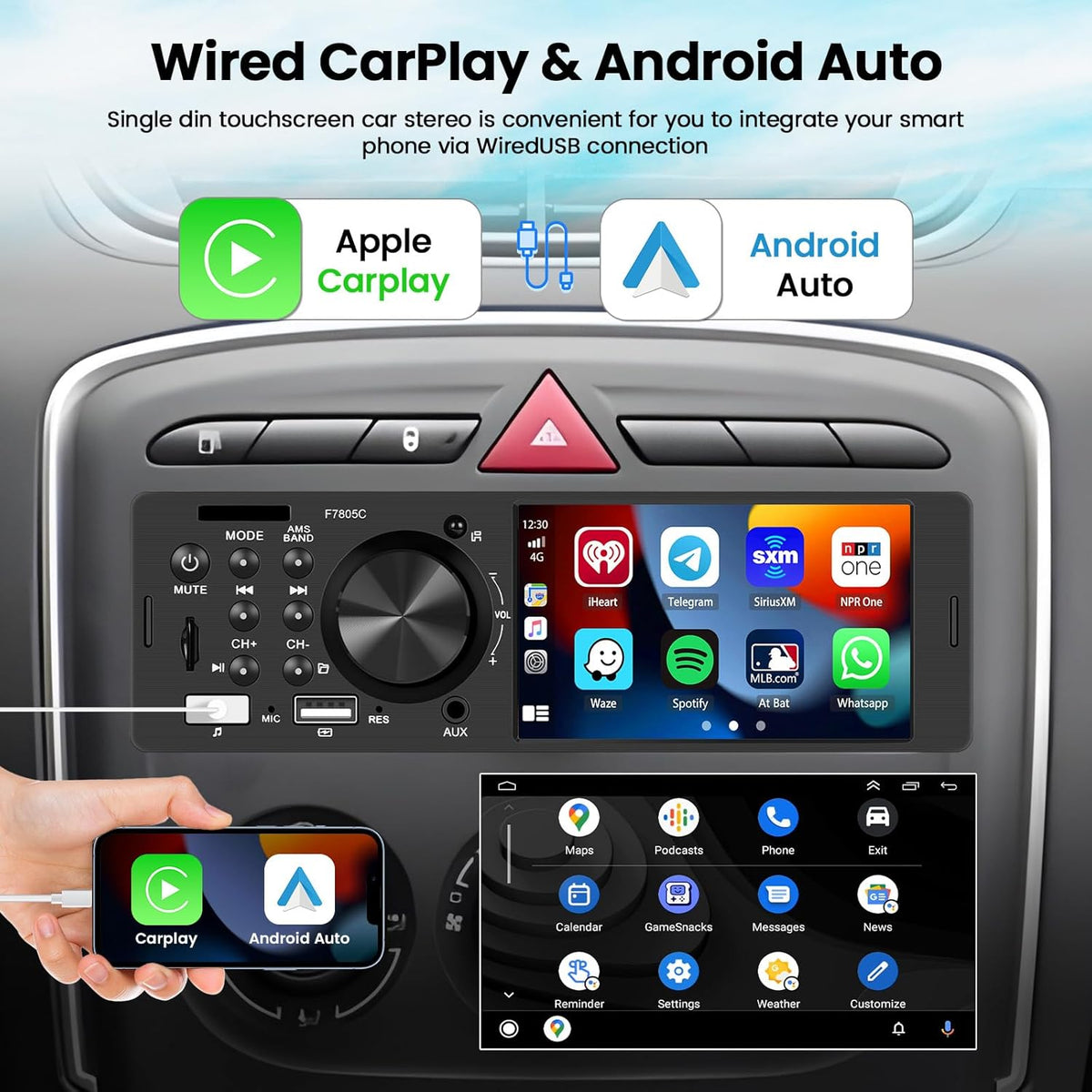 Hikity 1 DIN autoradio met 4 inch IPS touchscreen, bekabeld Carplay en Android, Bluetooth 5.1, Mirror Link, FM RDS EQ, 2USB, AUX, TF Card, MIC, achteruitrijcamera