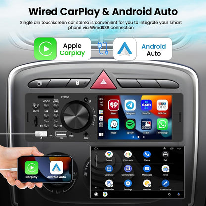 Hikity 1 DIN autoradio met 4 inch IPS touchscreen, bekabeld Carplay en Android, Bluetooth 5.1, Mirror Link, FM RDS EQ, 2USB, AUX, TF Card, MIC, achteruitrijcamera