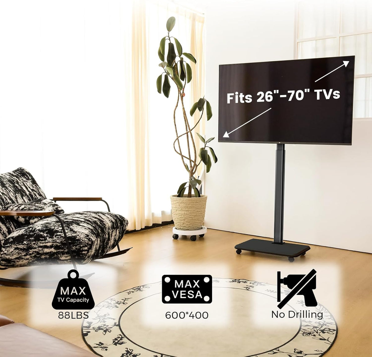 Mobiele tv-kar rollende tv-standaard voor schermen van 26-70 inch, mobiele tv-kar voor maximaal 80 lbs, 25° draaibaar met 6 niveaus van hoogteverstelling voor optimaal zicht, tv-standaards voor