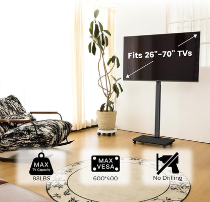 Mobiele tv-kar rollende tv-standaard voor schermen van 26-70 inch, mobiele tv-kar voor maximaal 80 lbs, 25° draaibaar met 6 niveaus van hoogteverstelling voor optimaal zicht, tv-standaards voor