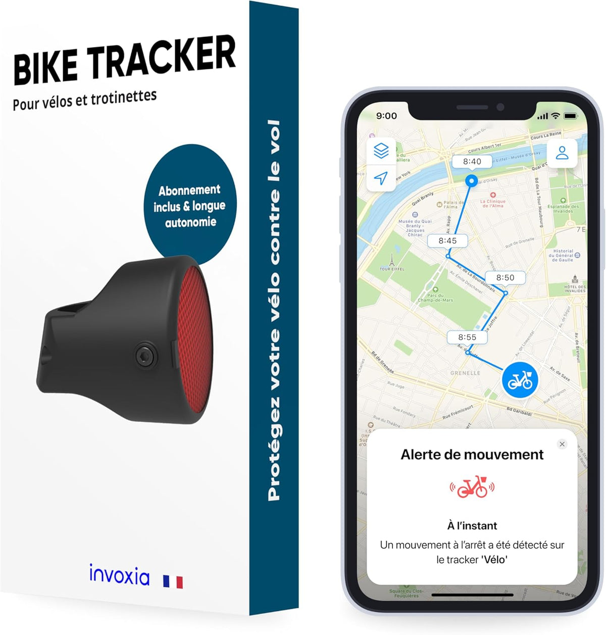 Invoxia Bike Tracker - GPS-tracker met diefstalbeveiliging voor fiets - Reflector met real-time waarschuwingen - 1 jaar abonnement inbegrepen - tot 3 maanden looptijd - discreet en licht - waterdicht