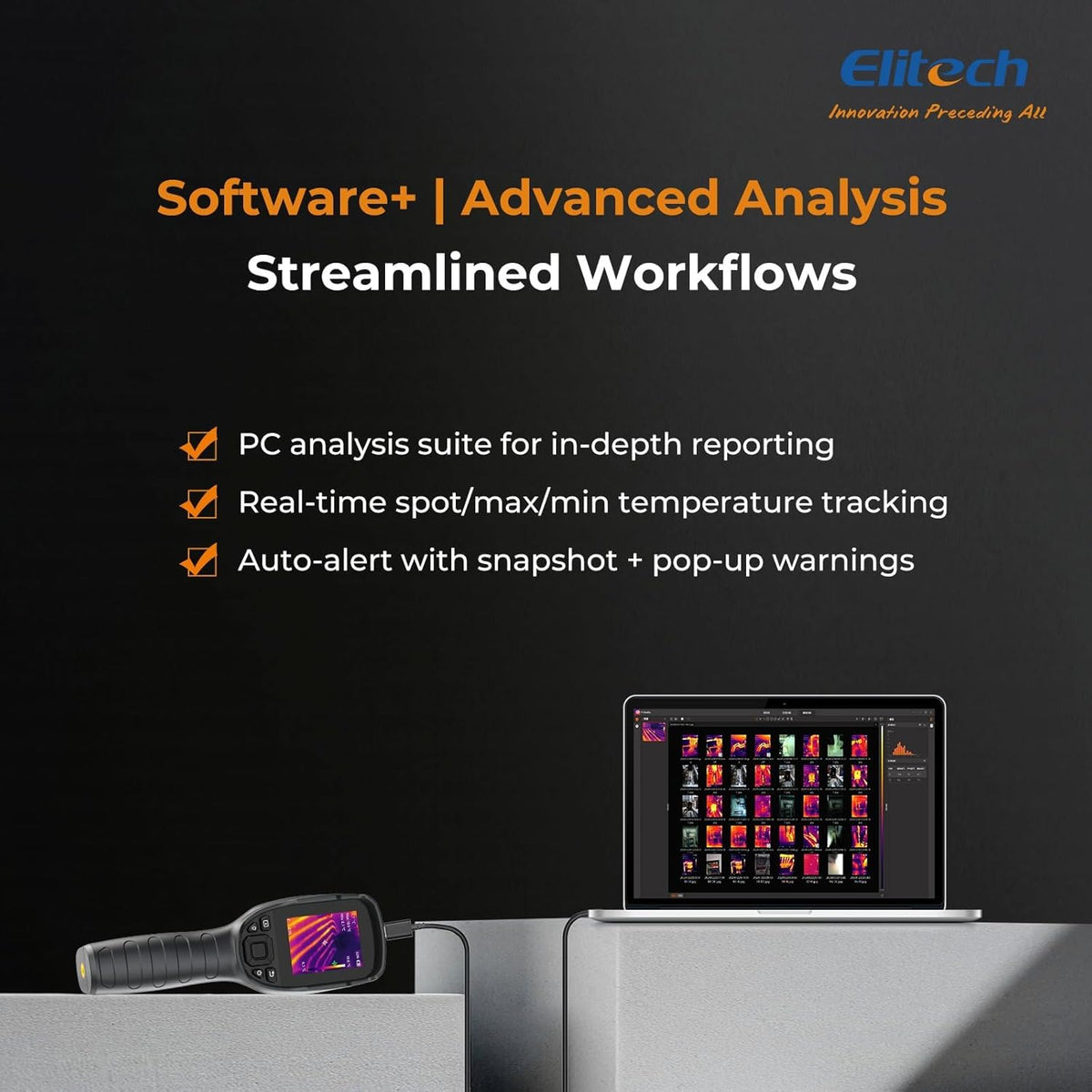 Elitech Warmtebeeldcamera 256 x 192 IR-resolutie, 25 Hz vernieuwingssnelheid, 2 MP zichtcamera, 3,5 inch LCD-display, IP54 water- en stofdicht, USB-C, -20 °C tot 550 °C, voor elektriciens, HVAC en