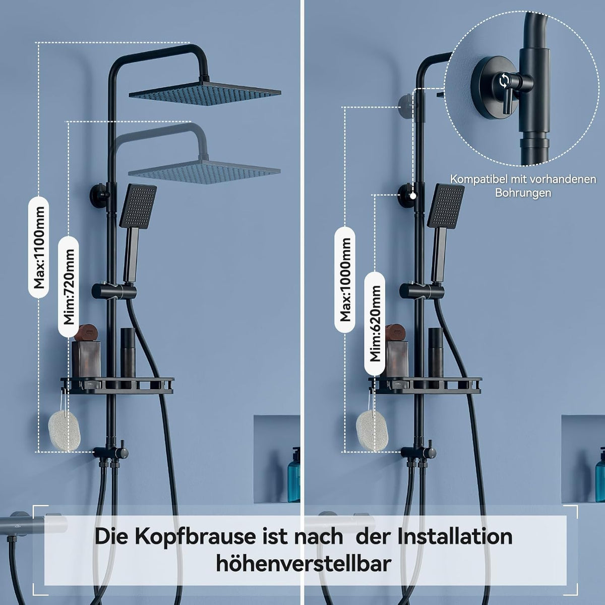 Regendouchesysteem – Douche Set – Hoofddouche – Handdouche – Doucheset Zwart – RVS Doucherail – Messing Waterverdeler – Boorvrij Opbergrek – 250x250 mm Overhead Douchekop