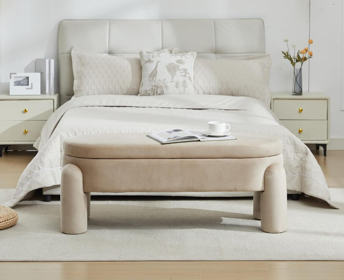Opbergbank – Opbergbank – Zithoekbank – Bankje – Schoenenbank – Khaki – Fluwelen Bekleding – Groot Opbergvak – 114x45x45 cm - QUORE