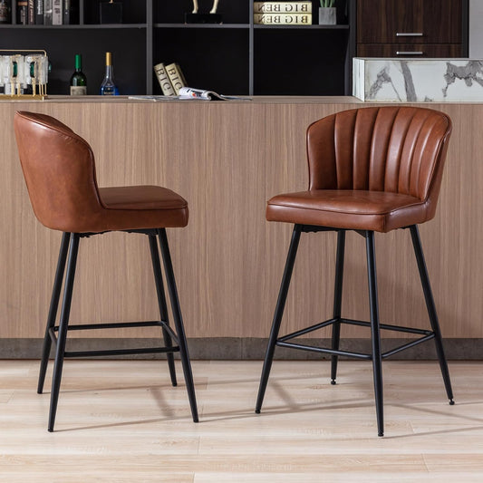 chairus PU Leather Bar Stool for Kitchen, Set of 2, Bar Stool Bar Chairs for Dining Room, Kitchen Stool with Metal Legs (Brown) - QUORE