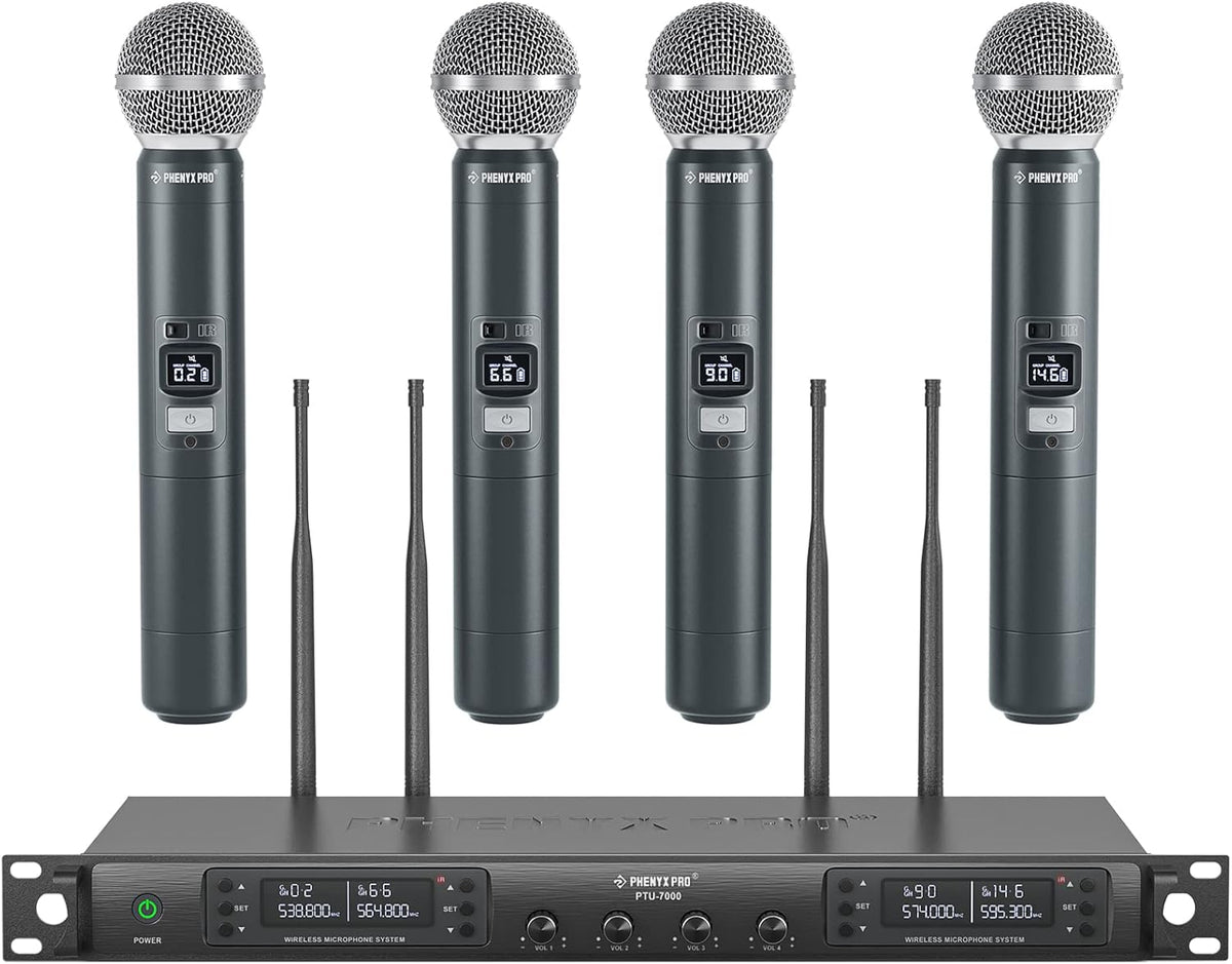 Phenyx Pro Quad Channel draadloos microfoonsysteem, 4 handheld draadloze microfoons, 4 x 40 kanalen, auto scan, bereik 100 meter, ideaal voor zang, kerk, karaoke (PTU-7000-4H)