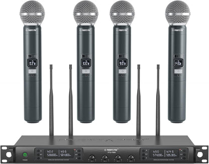 Phenyx Pro Quad Channel draadloos microfoonsysteem, 4 handheld draadloze microfoons, 4 x 40 kanalen, auto scan, bereik 100 meter, ideaal voor zang, kerk, karaoke (PTU-7000-4H)